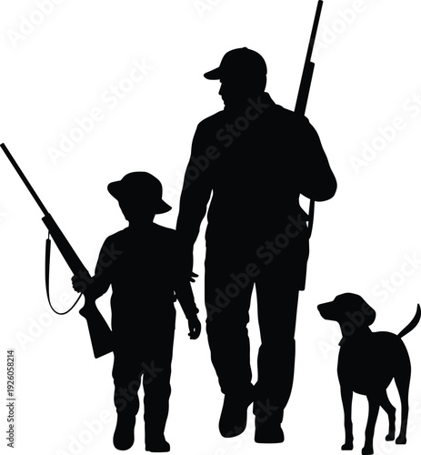Father And Son With Shotguns And Dog Silhouettes Walking On White Background Keywords: hunting, father, son, child, man, dog