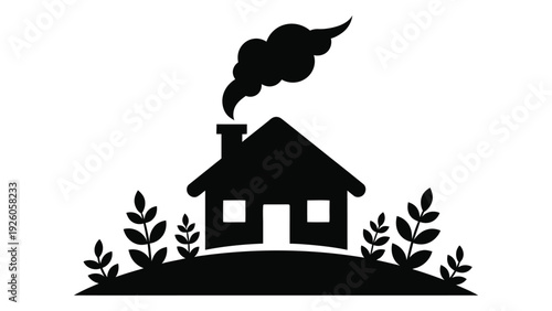 A black silhouette of a house with smoke coming out of the chimney isolated on white background, Vector