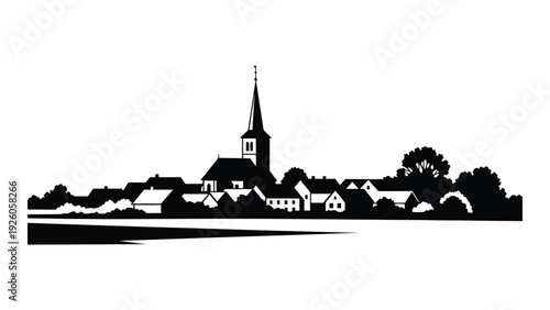 A black and white silhouette of a small town with a church steeple isolated on white background, Vector