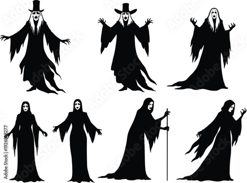 Witch silhouette set, spooky character illustration, Halloween theme, flowing garment, dramatic pose, staff and hat, eerie design, black vector graphic, supernatural concept, costume style
