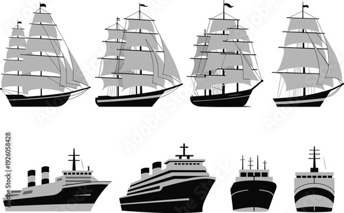 Classic sailing ships and modern cruise liners set, maritime transport vessels isolated on white background illustration
