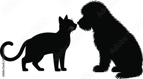 Silhouette of a black cat and a black shaggy dog nose to nose on a white background feline canine