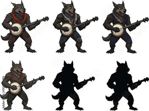 Wolf musician illustration, anthropomorphic character set, banjo playing pose, fantasy theme, black silhouette and color version, artistic concept, musical performance, vector graphic, spooky style