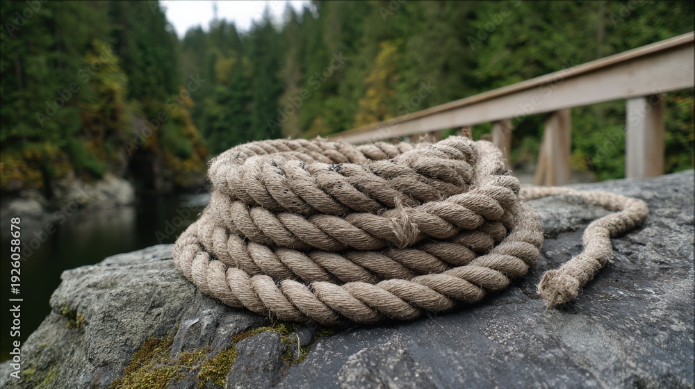 Fototapeta premium Close-up of thick coiled rope on rugged rock with blurred river and forest background