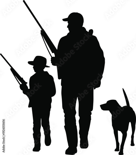 Silhouette of a father and son hunting with a dog on a white background Keywords: hunting, father, son, child, dog, hound