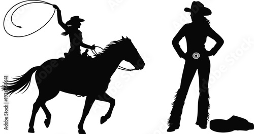 Silhouette of a cowgirl on horseback with a lasso and a standing cowgirl with a cowboy hat riding