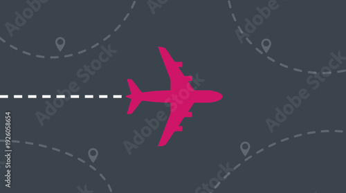 Airplane Travel Route Illustration with Location Pins and Dashed Path on Dark Background