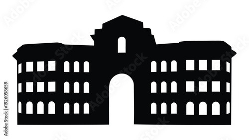 A black silhouette of a building with an archway isolated on white background, Vector
