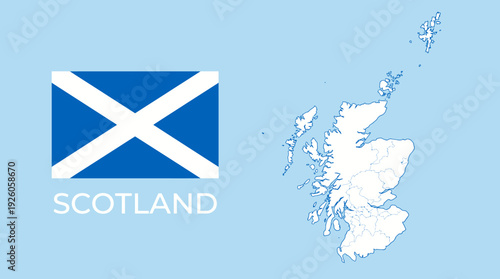 Scotland National Flag and Political Map with Administrative Divisions - UK Country Symbol & Outline Territory