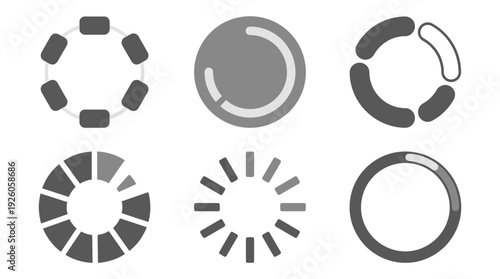 Various Grayscale Loading Icons and Progress Indicators for Web and App User Interfaces, Representing Buffering, Waiting, and Data Processing