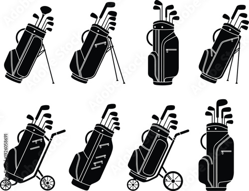 Golf bag and clubs silhouettes collection isolated on white background, sports equipment vector illustration set