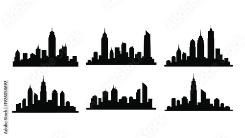 A collection of six city skylines in black silhouette on a white background isolated on white background, Vector