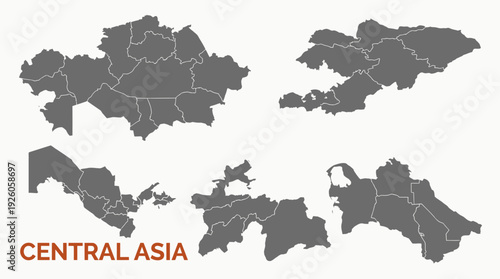 Central Asia Political Map with Administrative Borders: Kazakhstan, Kyrgyzstan, Uzbekistan, Tajikistan, Turkmenistan Vector Illustration