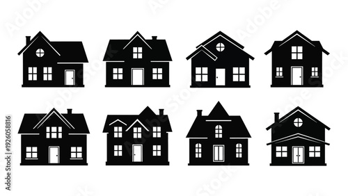 Collection of various house silhouettes in black and white isolated on white background, Vector