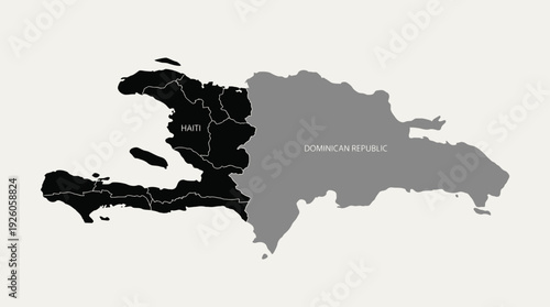 Map of Hispaniola Island showing Haiti (black) with regions and the Dominican Republic (gray)
