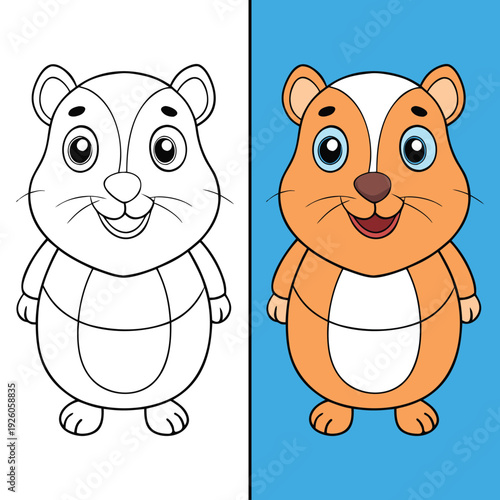 Cartoon Hamster Coloring Page – Cute Pet Animal Illustration with Black and White Outline and Colored Version for Kids Education and Learning