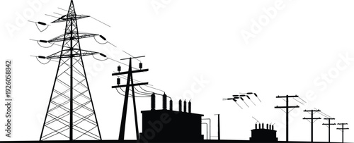 Silhouette of electrical power transmission towers and equipment on white background Keywords: electricity, power, transmission