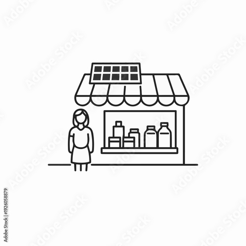 An illustrated scene of a local shop with a woman, showcasing eco-friendly practices, solar panel and sustainable products. 