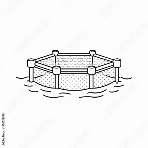 An overhead illustration of an aquaculture fish farm. A floating net enclosure designed for cultivating aquatic species in a controlled marine or freshwater environment.