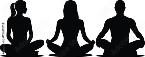 Meditating men and women silhouettes set, yoga lotus pose isolated on white background illustration collection