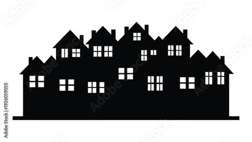 A black silhouette of a row of houses isolated on white background, Vector