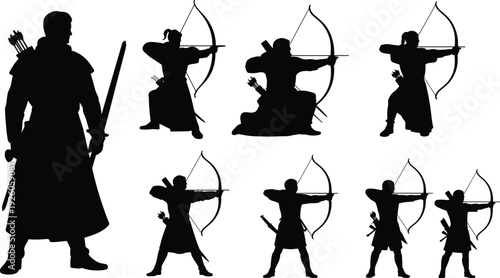 Medieval archer and warrior silhouettes collection, fantasy bowmen and swordsman characters isolated on white background illustration set