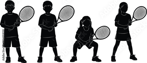 Black silhouettes of young boy and girl tennis players holding rackets in various action poses isolated on white background for sports design.