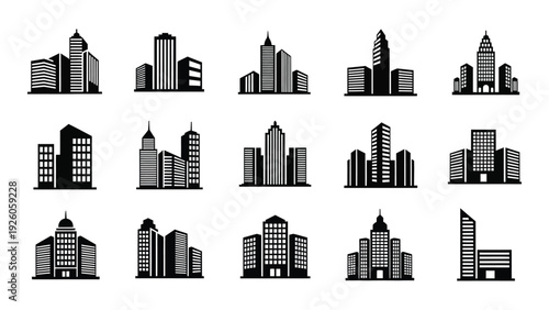 A collection of city skylines and buildings isolated on white background, Vector