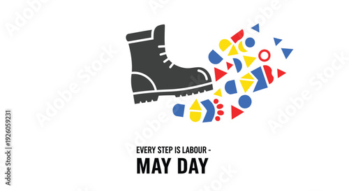May Day labor movement icon with boot and geometric shapes