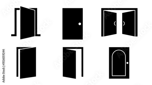 Vector Door Icons Set: Open, Closed, Arched & Double Doorway Symbols. Entrance and Exit Concepts for UI/UX Design & Architectural Graphics.