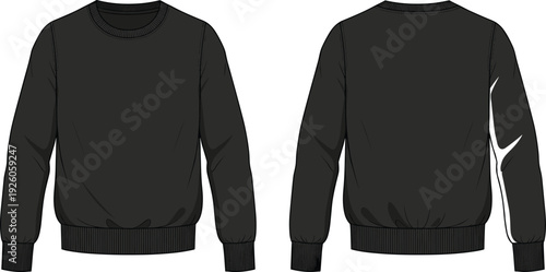 Front and back view of black long sleeve sweatshirt template silhouette isolated on white background for apparel design, fashion mockup, or clothing.
