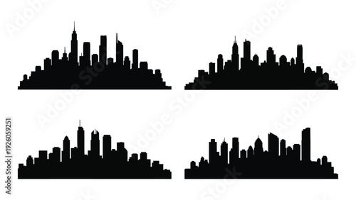 Four different city skylines in black silhouette on white background isolated on white background, Vector