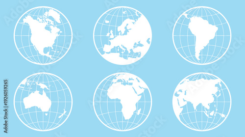 Global Continent Map Globes Vector Set: North America, Europe, Asia, Africa, South America, Australia - World Geographic Illustration