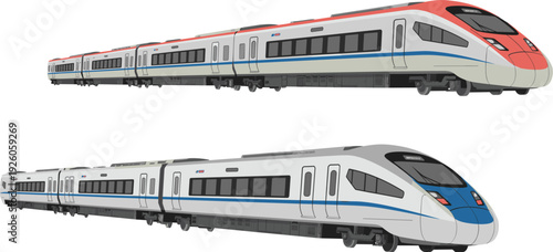 Modern high speed train set, passenger railway transport isolated on white background vector illustration collection