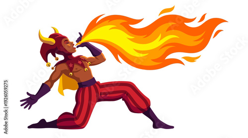 Spectacular Fire Breather Performer in Jester Costume with Fiery Breath - Dynamic Entertainment Vector Illustration