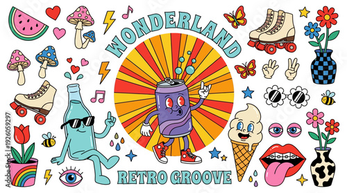 Vibrant Retro Groove Wonderland Collection: Psychedelic Cartoon Characters, 70s Style & Whimsical Elements