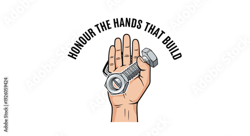 Hand with wrench and honour the hands that build text vector illustration