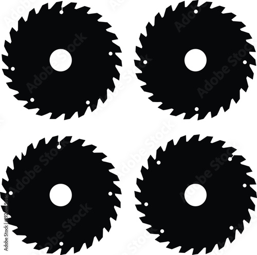 Collection of four black circular saw blade silhouettes isolated on white background for woodworking, industrial tools, construction equipment, or hardware shop design.