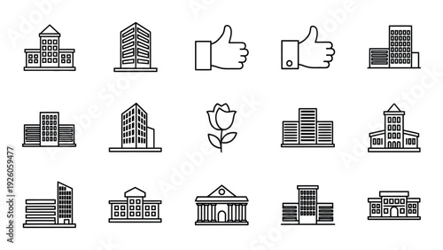 A collection of black and white building icons isolated on white background, Vector