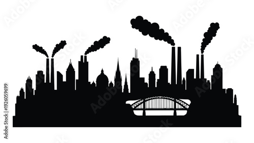 A black silhouette of a city skyline with a bridge and smokestacks isolated on white background, Vector