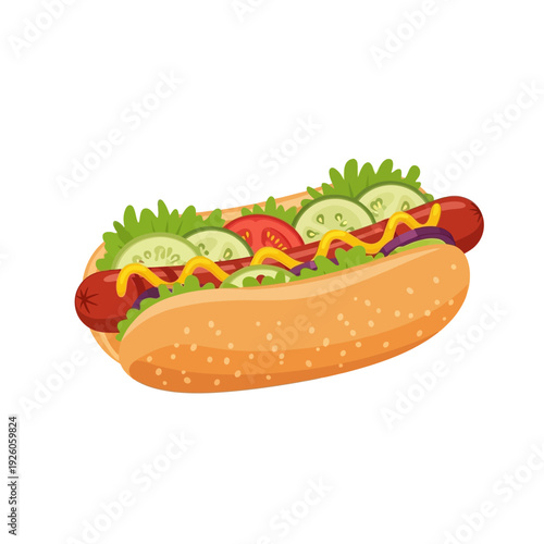 Delicious Hot Dog with Mustard, Lettuce, Tomato, Cucumber, and Onion