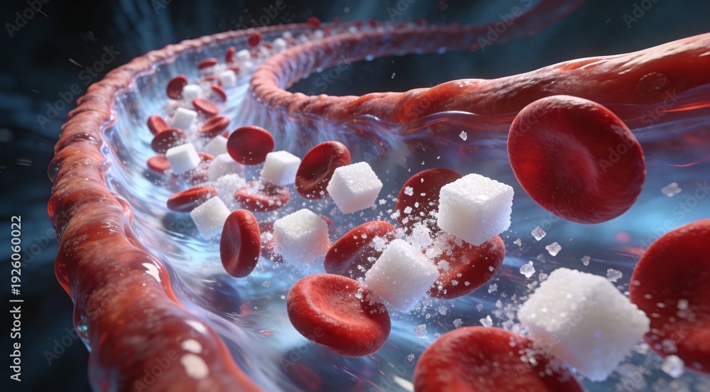 Fototapeta premium Red blood cells and sugar cubes, flowing through a vein, 3D medical illustration, inside human body, healthcare concept