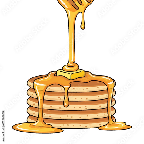 Stack of Pancakes with Butter and Honey Drizzle - Delicious Breakfast Food Illustration