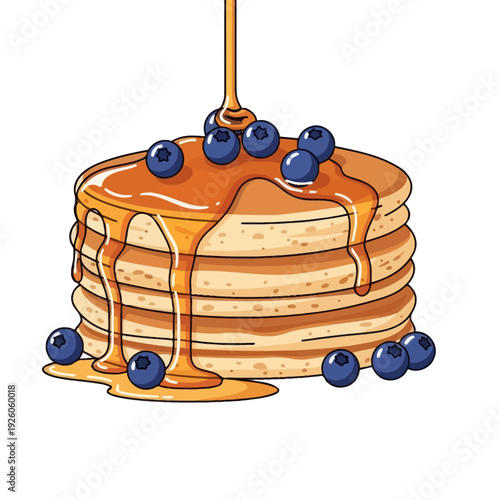Stack of Pancakes with Blueberries and Honey Drizzle - Delicious Breakfast Illustration