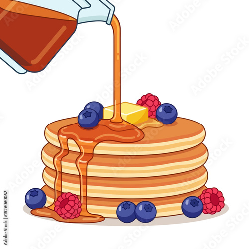 Stack of Pancakes with Butter, Berries, and Maple Syrup Pouring