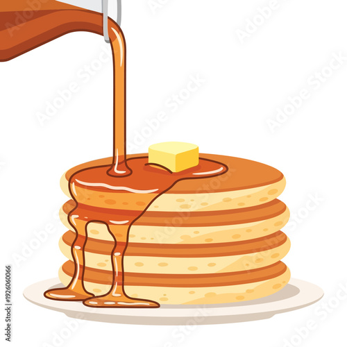 Stack of Pancakes with Maple Syrup Pouring and Butter