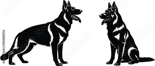 Two black silhouettes of German Shepherd dogs, one standing and one sitting, on a white background canine
