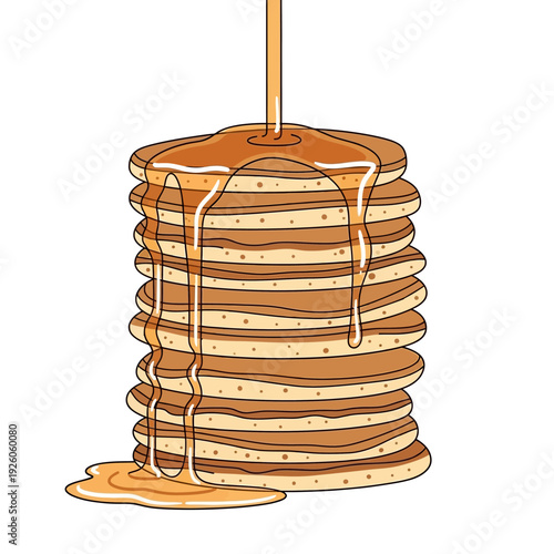 Stack of Pancakes with Syrup Pouring Down - Delicious Breakfast Illustration