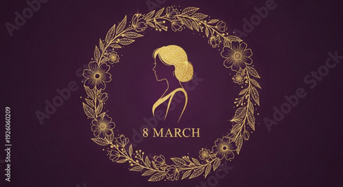 Golden silhouette woman in floral wreath with 8 march text on dark background for international women's day celebration