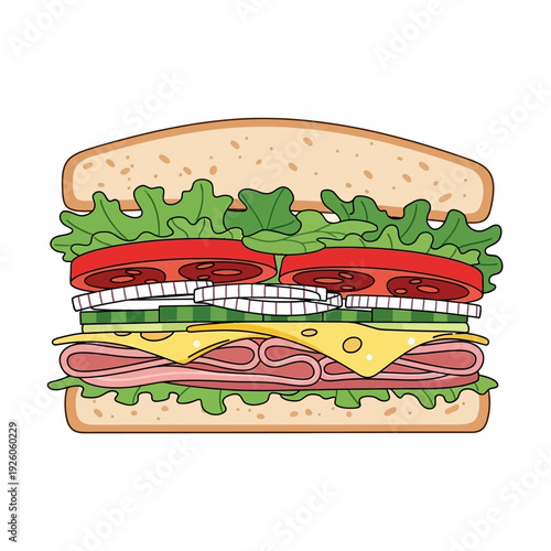 Delicious Ham and Cheese Sandwich with Fresh Lettuce, Tomato, Onion, and Cucumber